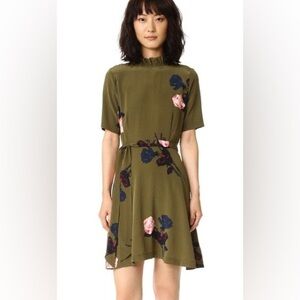Ganni army green 100% silk floral tea dress size small